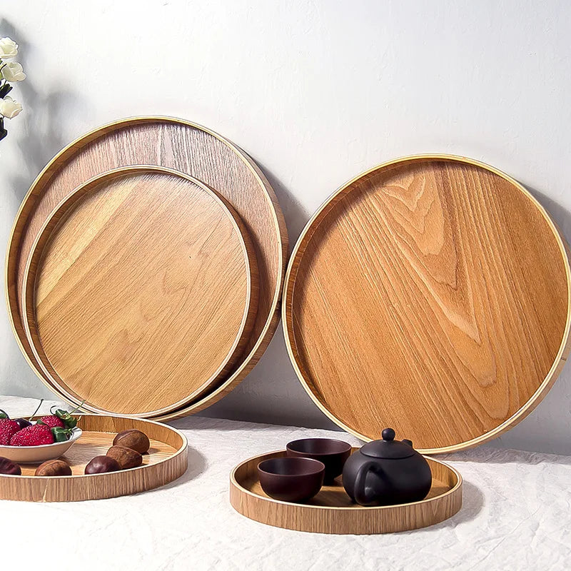Japanese Style Round Tray Food Serving Plate Wood Snack Deseert Plate Teaboard Natural Tea Food Server Dishes Drink Platter WF