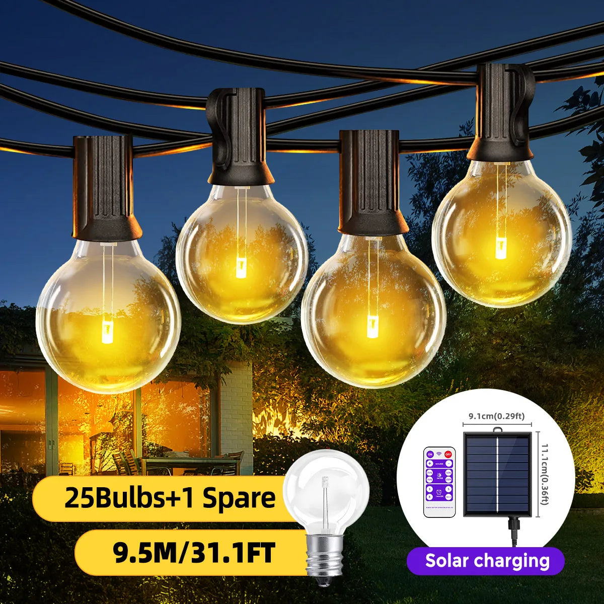 Luces LED de patio USB de cuerda solar G40, 8 modos de luz, bombillas a prueba de ratas, decoración de fiesta de Navidad de pub de jardín de terraza