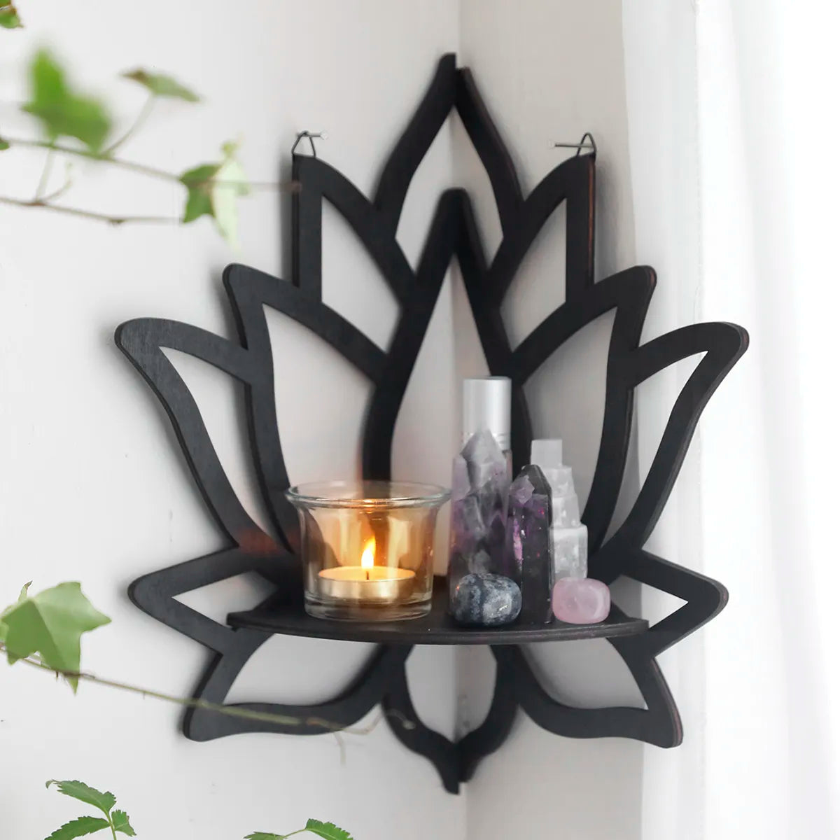 Lotus Crystal Corner Shelf Crystal Shelf Paparan Rak Dinding Kayu Hitam Rak Minyak Essential Shelf Witchy Hiasan Estetik Rohani