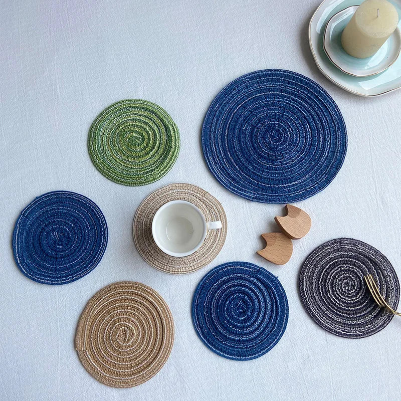 Nordic Style Cotton Yarn Dinner Placemat Round Ramie Woven Cup Mat Heat Insulation Plate Mat Anti-scald Non-Slip Coaster Cup Mat