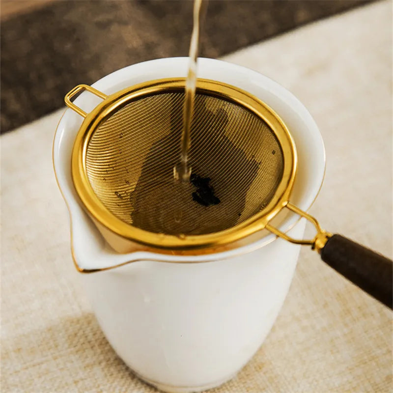 Holzgriff wiederverwendbares Teesieb Edelstahl feiner Lecksäume Tee Blatt Infuser Kaffeefilter Teekannenzubehör