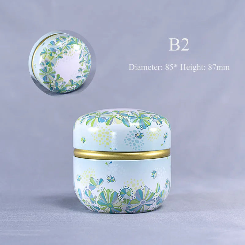Tea Caddy Tinplate Household Sealed Tea Packaging Box Portable Japanese Style Flower Tea Round Small Tin Containers