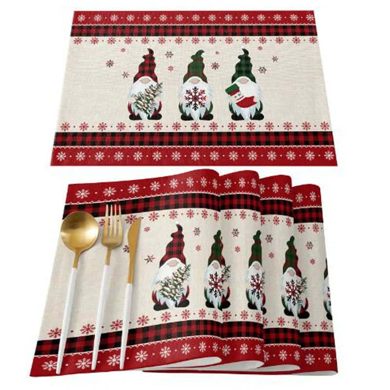 Uusi liinavaatteet Christmas Faceless Gnome Elk Tree -painepöytä Place Mat Pad Cloth Placemat Cup Caster Coffee Tea Dely Kitchen
