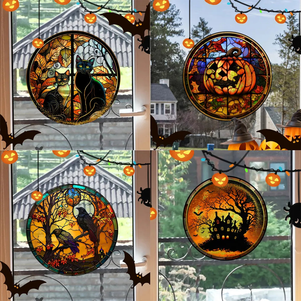 Halloween bevlekte kleurrijke horror Castle Cat Static PVC Window Glass Stickers lijm gratis decoratief film feest huisdecoratie