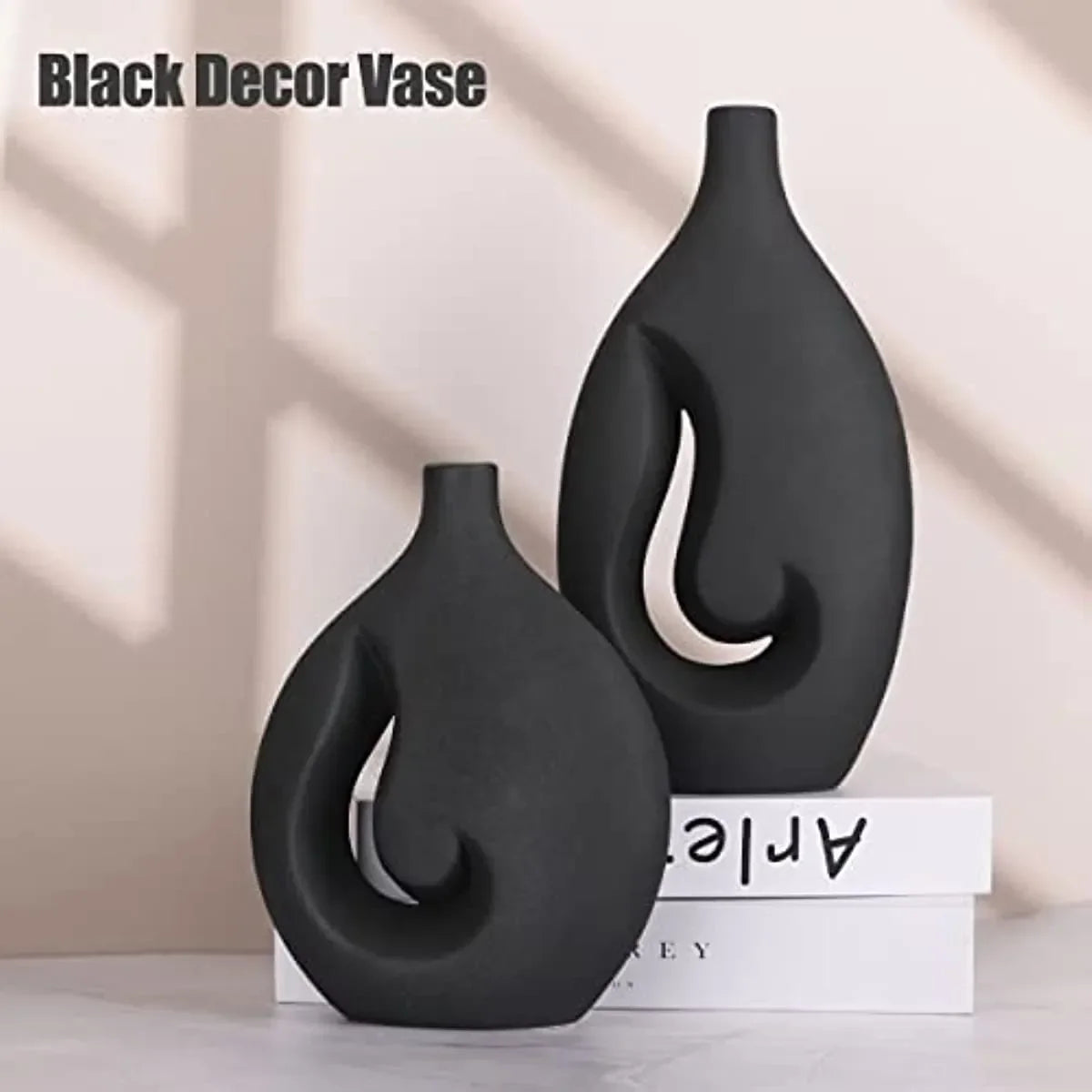 Black Ceramic Flame Hollow Vases Set of 2 Modern Decorative Vase Centerpiece for Wedding Dinner Table Party Living Room Office