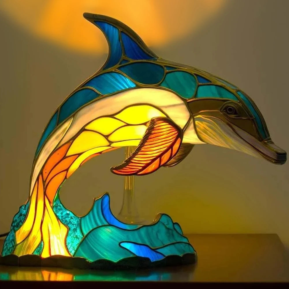 Lampu Meja Gaya Hewan Berwarna -warni Vintage Noda Kaca Laut Laut Lampu Meja Lion Dolphin Wolf Design Bedroom Night Light