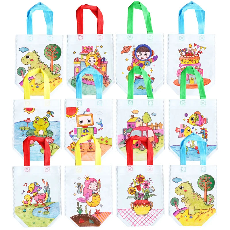 DIY Coloring Goodie Bags with Coloring Markers Party Gift Bags for Kids Toy Storage Bag Eco Non-Woven Fabric Shopping Bags