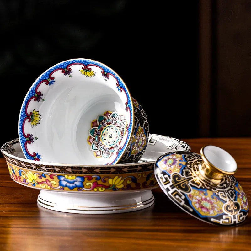 Kolor emalia sancai gajwan ceramiczny herbatę herbaty eleganckie eleganckie retro herbatę porcelanową gongfu herbatę miski