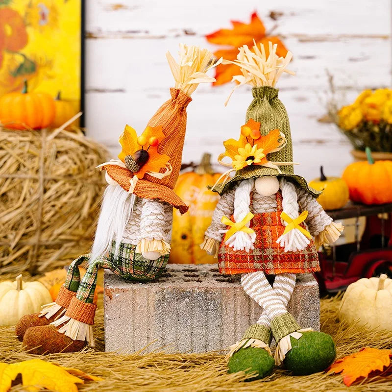 Decoración de Acción de Gracias Harvest Season Maple Leaf Straw Straw Rudolf Piernas colgantes Doll Goblin Dwarf Doll