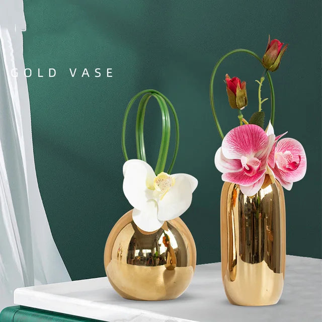 Nordic Electroplating Golden Ceramic Vase+Bunga Buatan Set Home Dining Table Ornament Crafts Club Club Cafe Bar Furnishing Decor