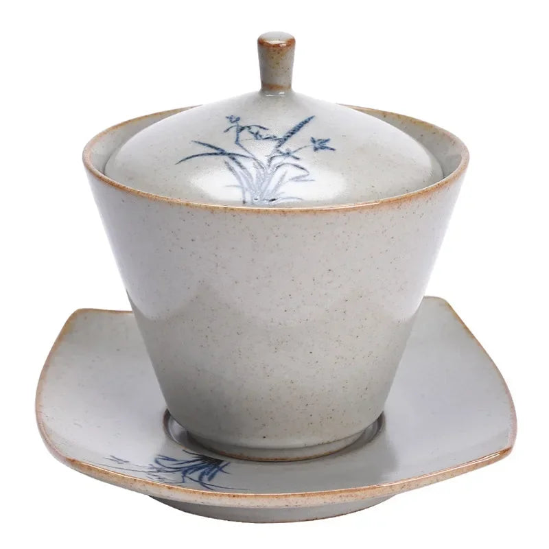 Porcelain Gaiwan of Orchid Grass and Wood, Hand-Painted Single Ceremony Bowl, Kiln Baked, Kung Fu Tea Set, Small Size, Retro