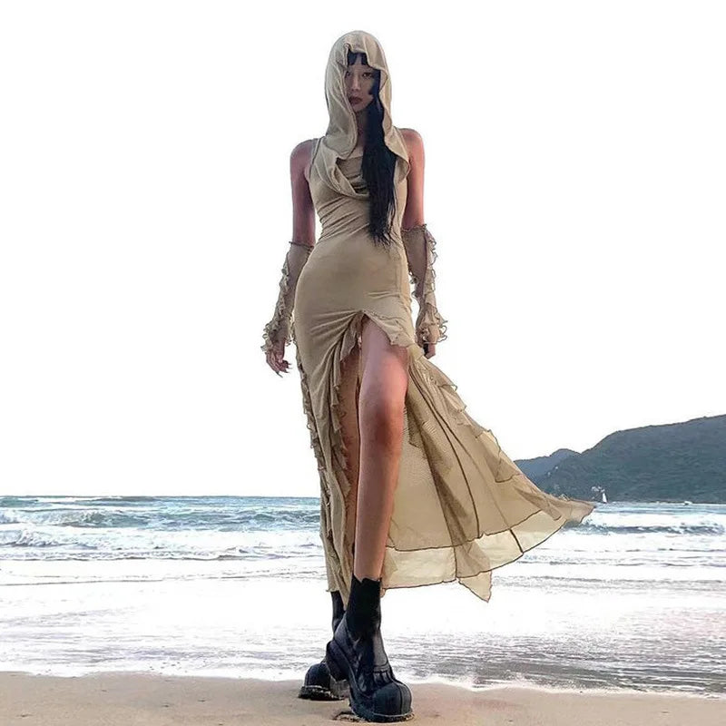 Ruffles Mesh Sleeveless Midi Hooded Dress Summer Beach Y2K Sexy Split Party Dresses Club Fashion Outfits