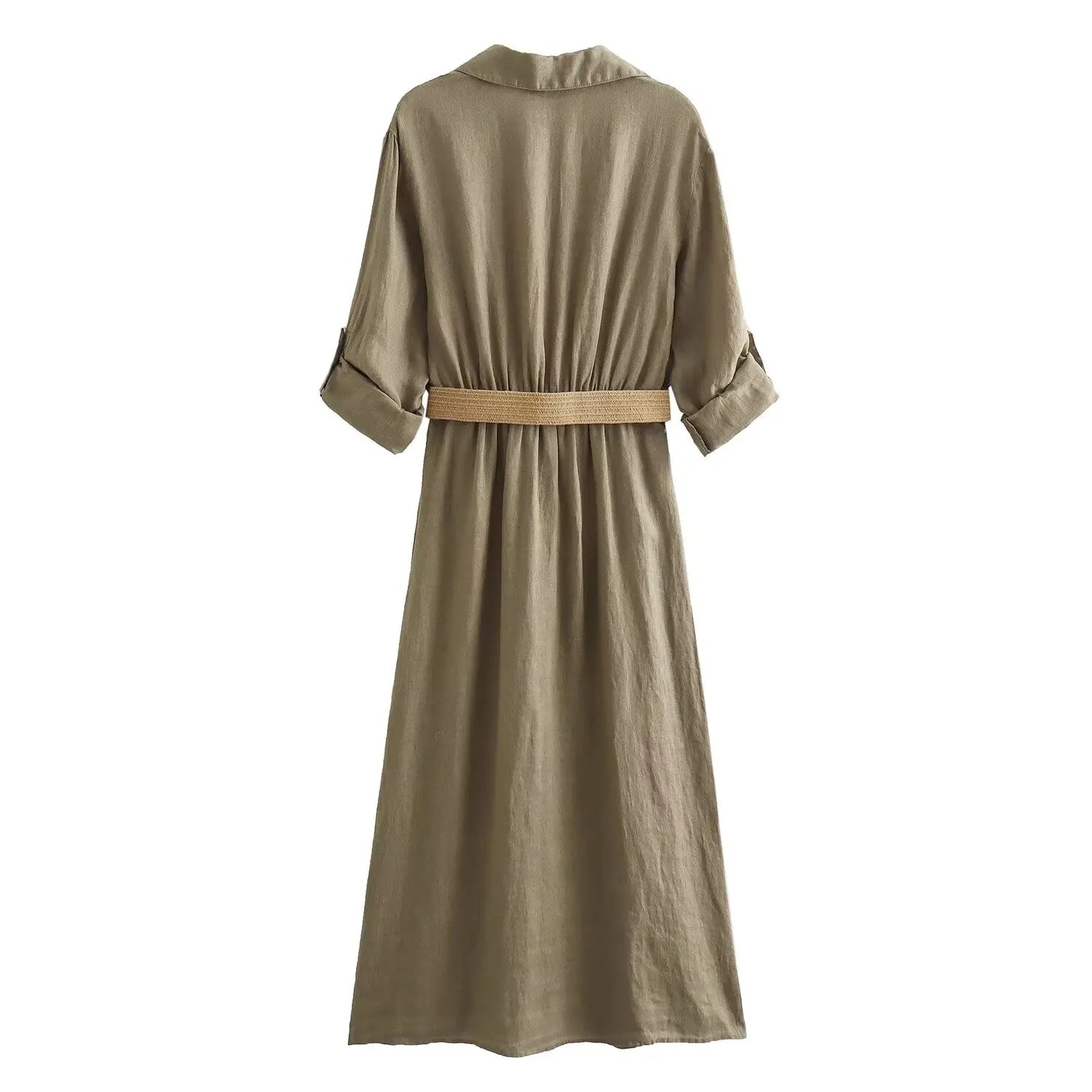 Tangada 2024 Women Cotton Linen Loose Dress With Belt Long Sleeve Causal Ladies Midi Dress 4M030