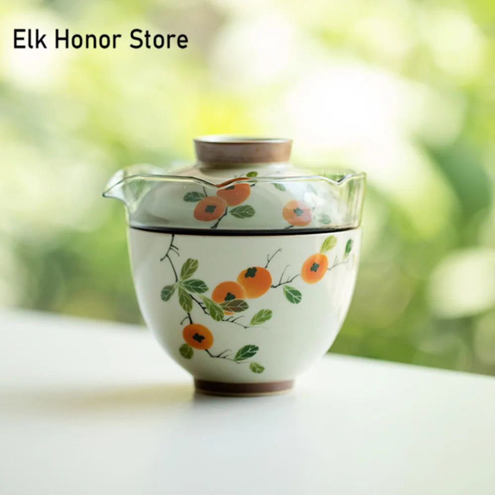 Saf el boyaması persimmon seramik kung fu fu set portatif seyahat porselen çaylak Gaiwan çay bardağı çay aleti taşıma çantası ile