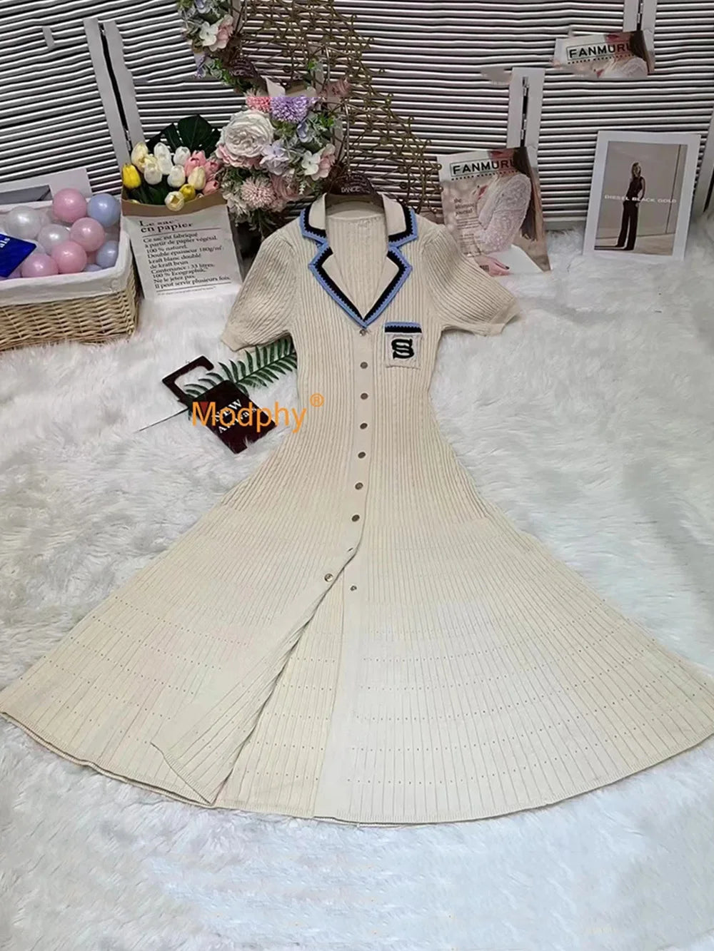 Modphy 2024 Elegant Slim Knitted Long Dress Women's Letter Single Breasted Long Sleeved Designer Vintage Dresses Autumn