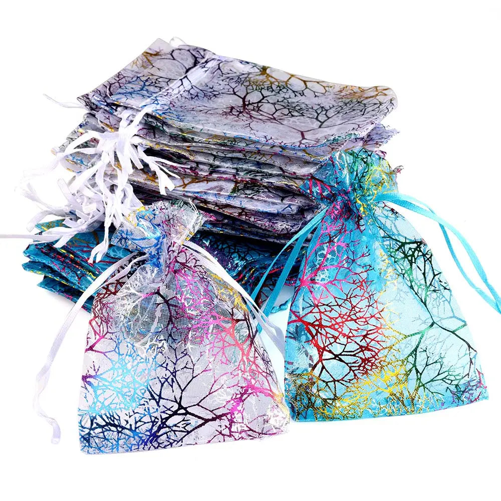 25pcs/lot 50pcs/lot Gift Bag Jewelry Packaging Organza Drawstring Bag Multi-size Colorful Trees Printing Party Wedding Candy Bag