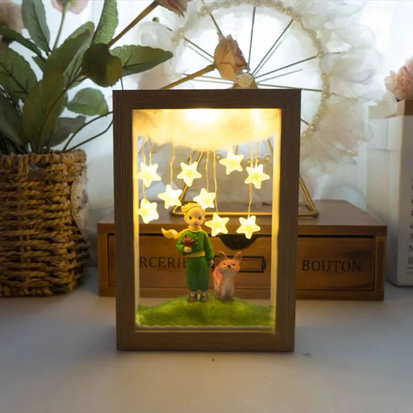 Pieni Prince Night Light Käsintehty DIY Photo Framestarry Fox Rose -satu kodin sisustus Makuuhuoneen lamppu Ornamentti syntymäpäivälahja