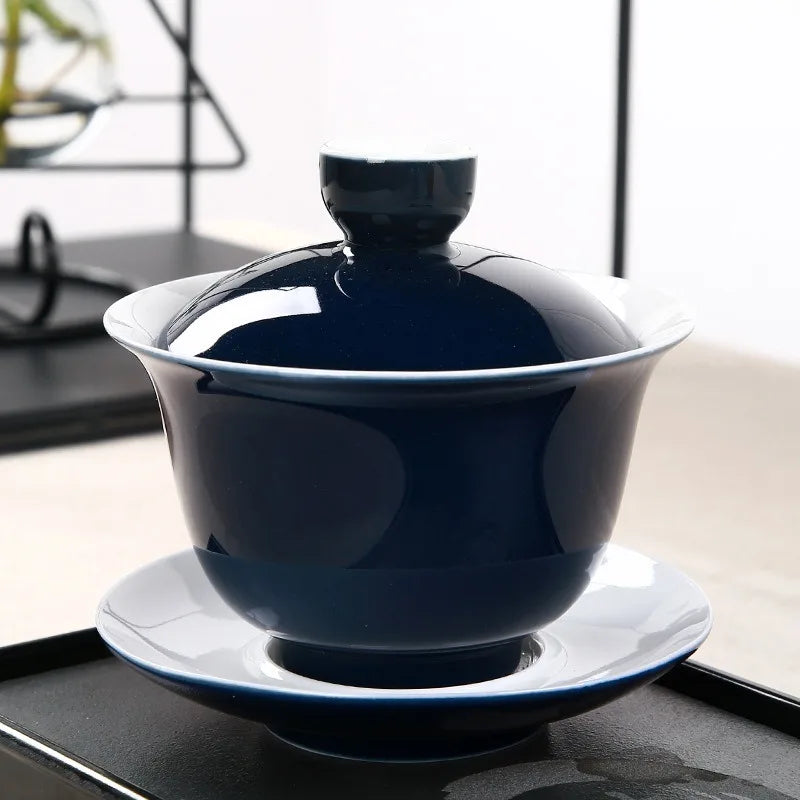 Indigo Glaze Ceramic Tea Tureen Cup Blue Gaiwan Tea Porcelain Pot Set Travel Kettle Hand Painted Red Cover Bowl Tea Set 180ml