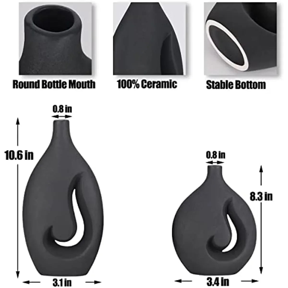 Schwarze Keramikflamme hohle Vasen Set von 2 modernen dekorativen Vase -Herzstück für Hochzeit Dinnertisch Party Wohnzimmer Büro