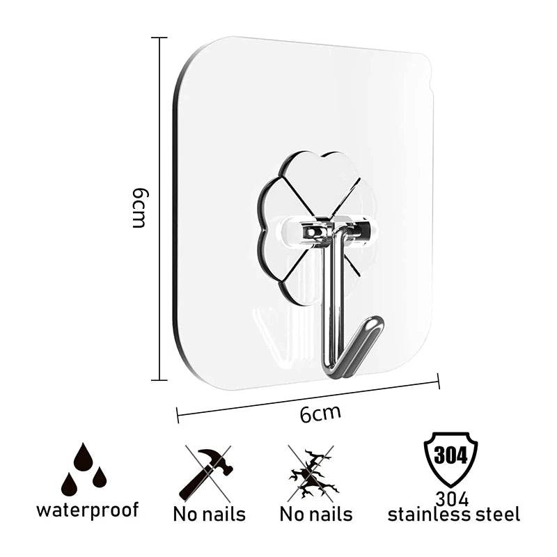 10st Transparent rostfritt stål starkt självhäftande krokar nyckelförvaringhängare för kök badrumsdörr vägg multifunktion