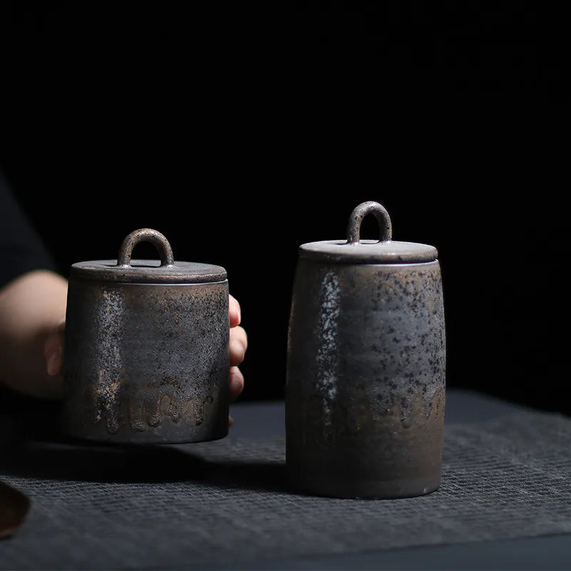 Keramik Jepang Tertutup Teh Caddy Kasar Tembikar Besar Rempah -rempah Vintage Rumah Tangga Permen Perman Tangki Penyimpanan Makanan Canister