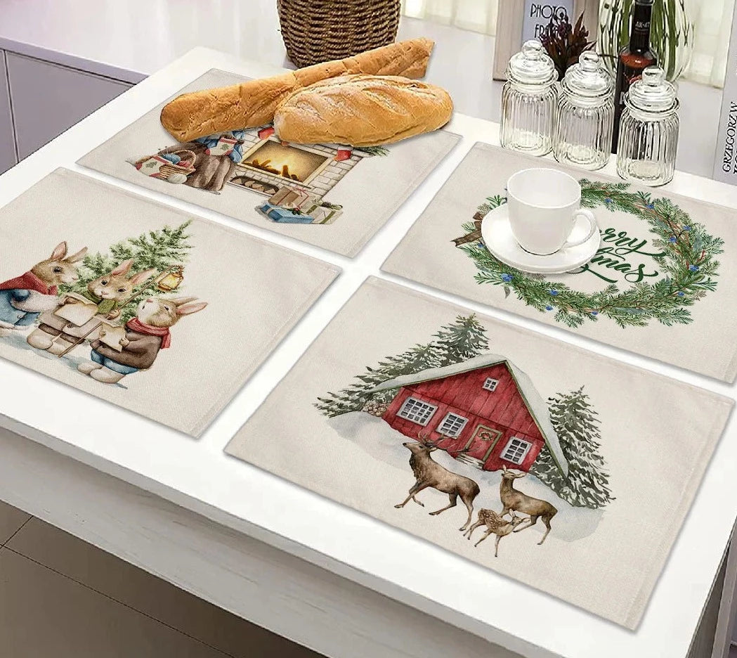 2023 Christmas Tree Cute Animal Decorations Placemat Linen Dining Table Mats Coaster Pad Bowl Coffee Cup Mat Tablecloth 42x32CM