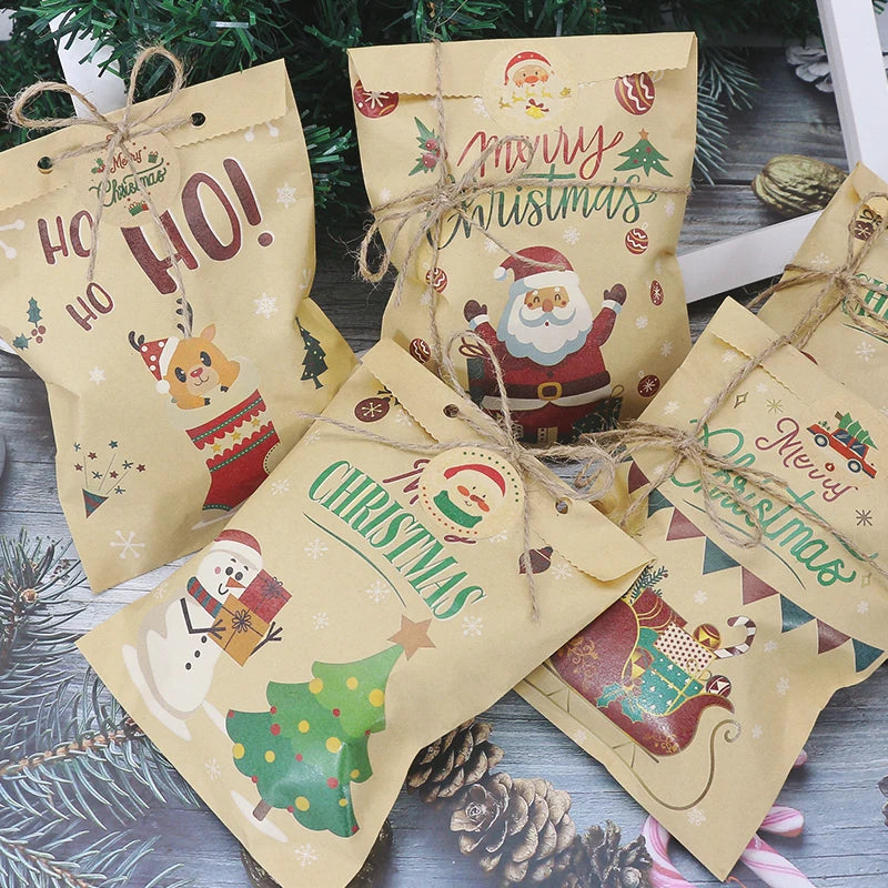 24Set Beg Hadiah Krismas Kraft Beg Kertas Santa Claus Snowman Xmas Party Candy Bag Cookie Xmas Pembungkusan beg beg pembungkus
