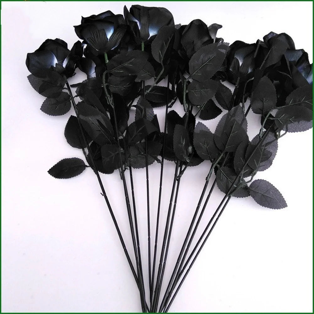 10pcs/세트 인공 검은 색 장미 꽃다발 할로윈 홈 시뮬레이션 검은 장미 가짜 꽃 결혼 파
