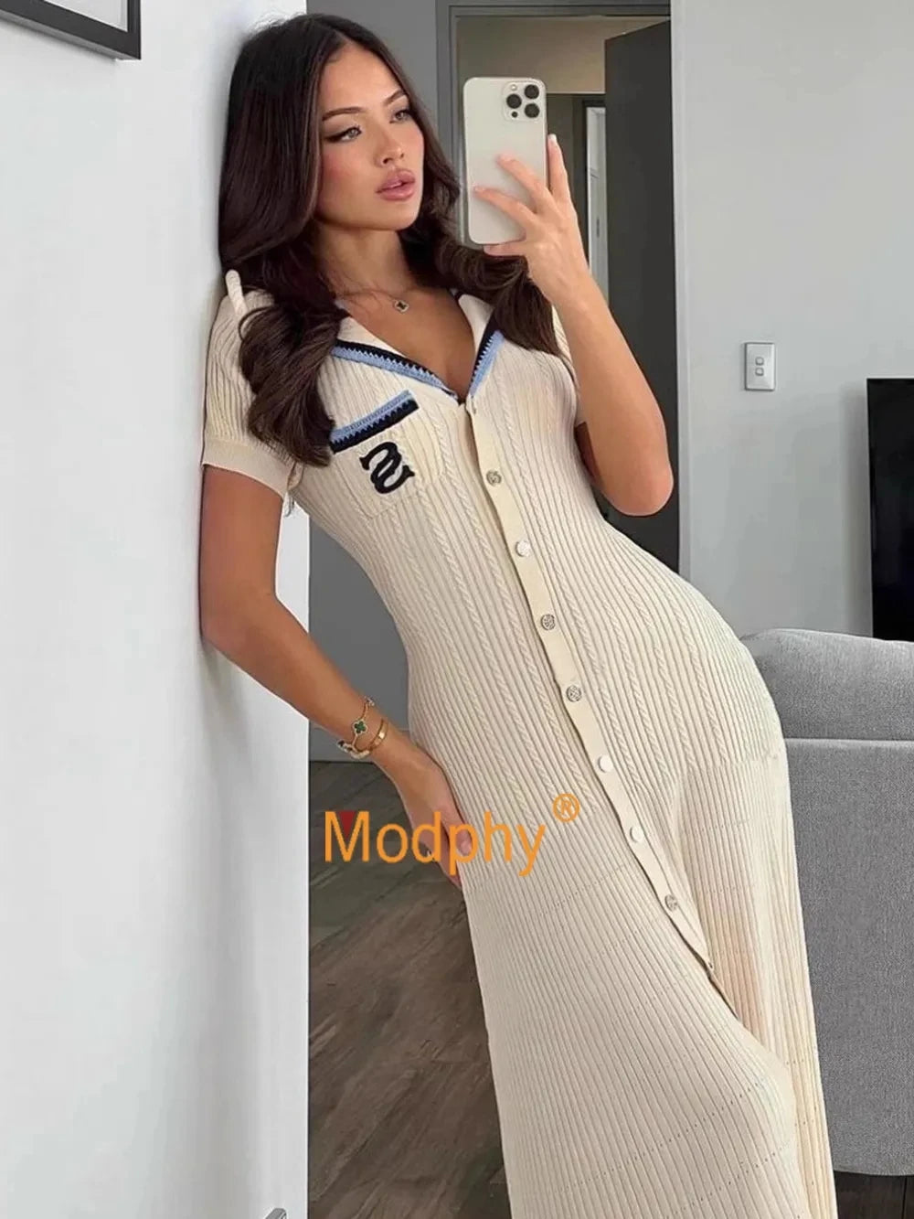 Modphy 2024 Elegant Slim Knitted Long Dress Women's Letter Single Breasted Long Sleeved Designer Vintage Dresses Autumn