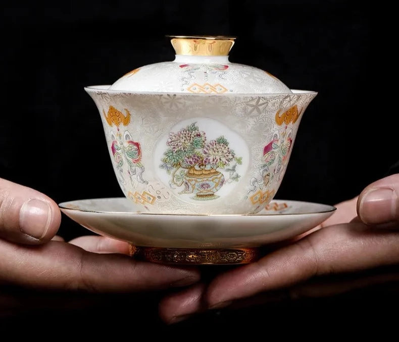 Ručně vyráběná zlatý smalt barevný gaiwan estetická keramická mísa s víkem čajový čajový čajový výrobce krycí kolekcí mísy