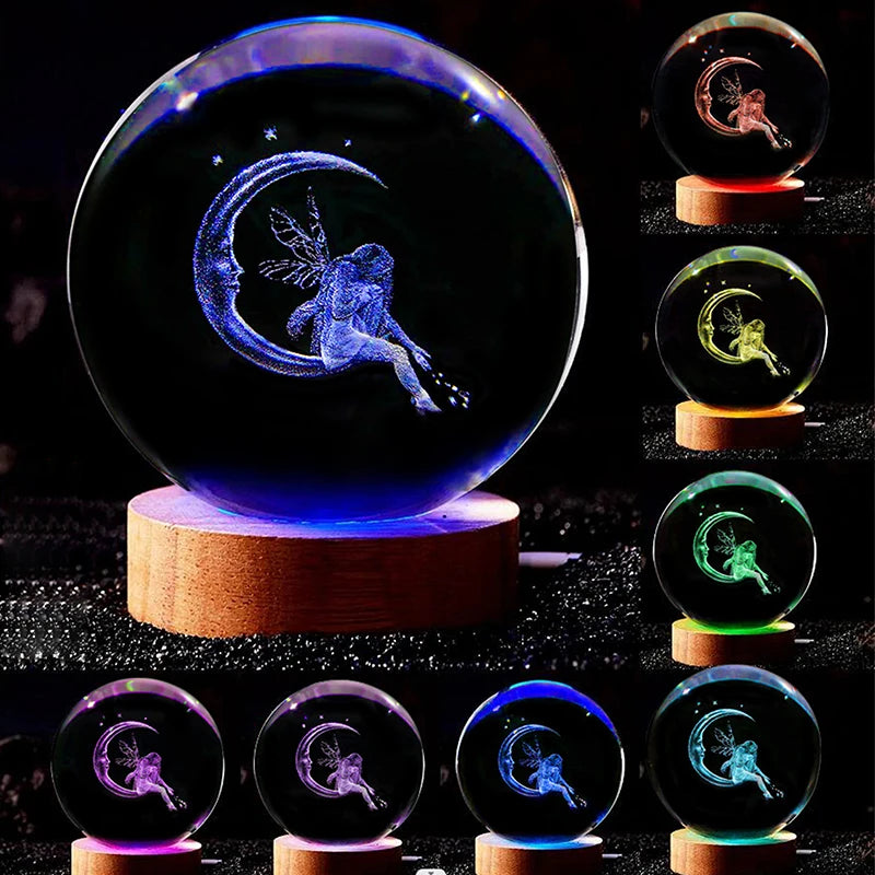 3d Moon & Fairy Laser Graveret Crystal Ball Multi-Coloured Night Light, Birthday, Christmas, Valentine's Day Gift til kæreste