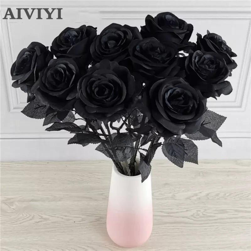 5pcs 8-9cm Silk Black Rose Artificial Flower Head Bouquet Home Living Room Wedding Chritmas Decoration New Year Decoration