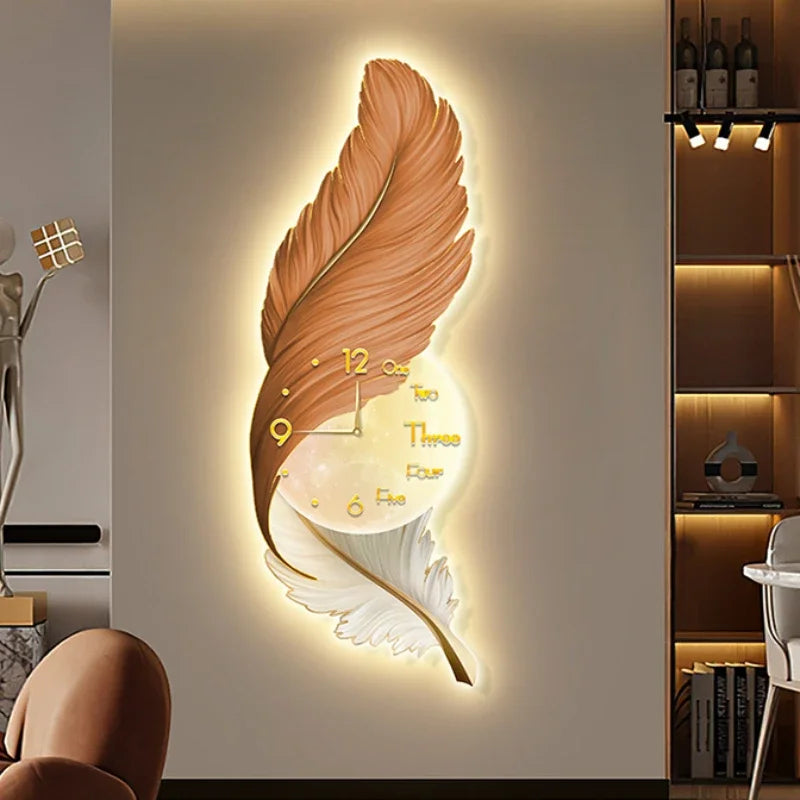 Horloge murale Grands horloges d'art de luxe décor image salon silencieux salon décoration de plumes murales