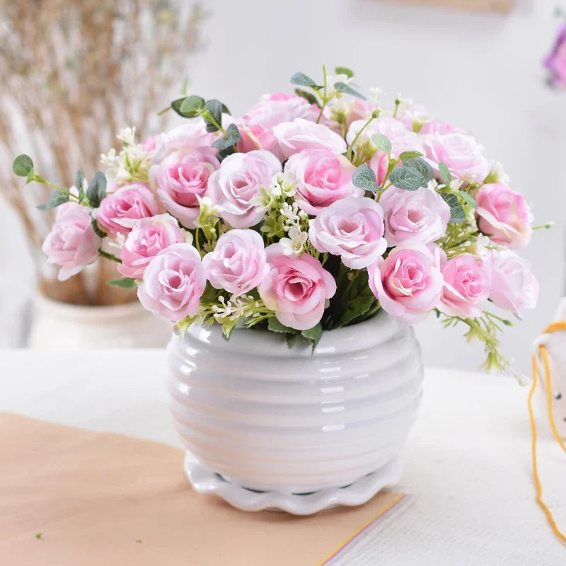 Vaso de cerâmica doméstico moderna+conjunto de flores artificial estatuetas e miniaturas decoração de escritório de café com desktop falsa ornamento de panela de flores