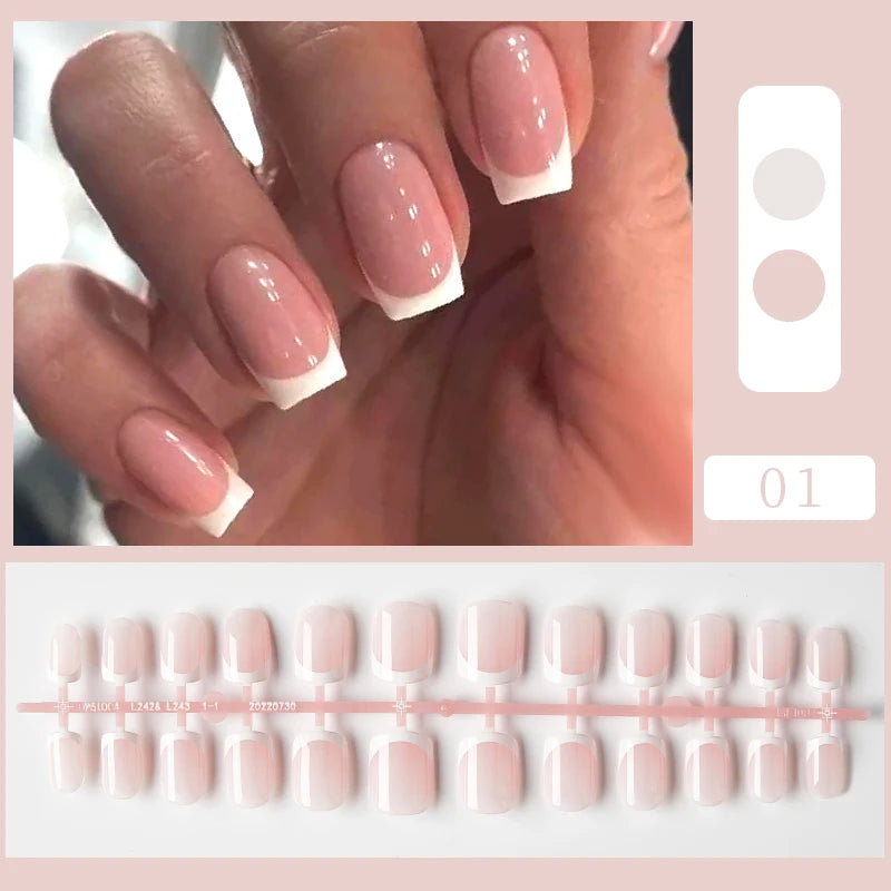 24pcs Sweet Summer Fake Nails Patches Pink Glitter Nude Press on Nails Women Wearable Nail Art Stickers Full Finished False Nail