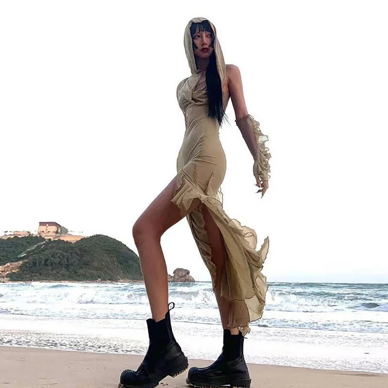 Ruffles Mesh Sleeveless Midi Hooded Dress Summer Beach Y2K Sexy Split Party Dresses Club Fashion Outfits