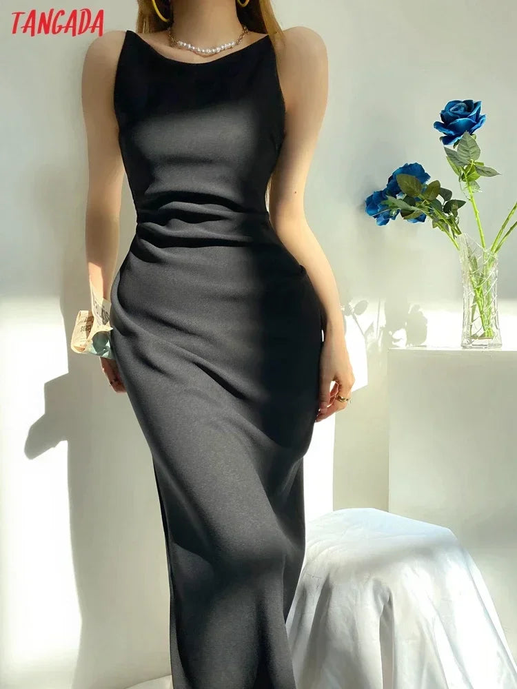Tangada Fashion Women Slash Neck Elegant Dress Sleeveless Office Ladies Midi Dress 2B53