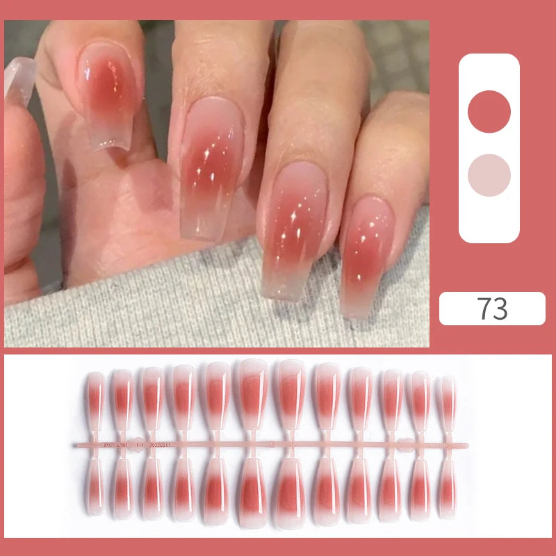 24pcs Sweet Summer Fake Nails Patches Pink Glitter Nude Press on Nails Women Wearable Nail Art Stickers Full Finished False Nail