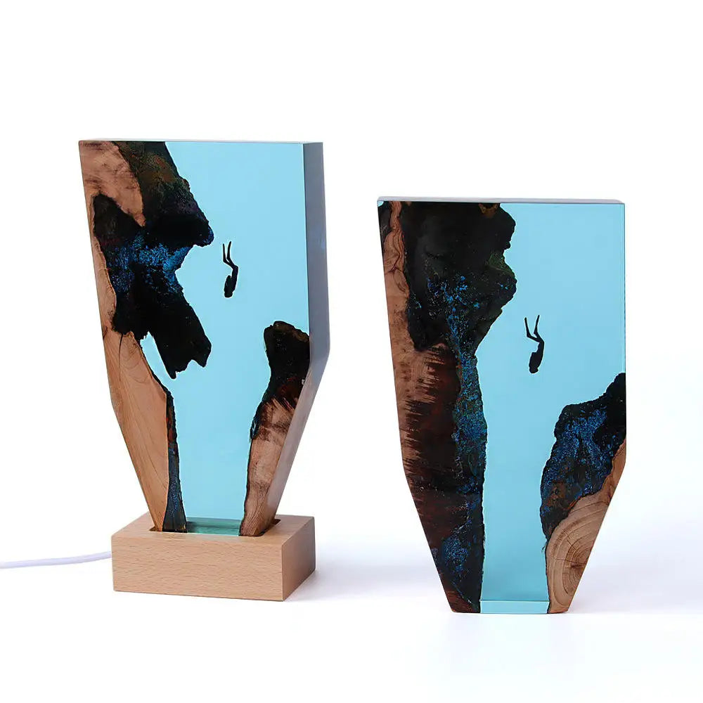 Resina lâmpada de madeira oceânica manta ray e casal mergulhador decoração decoração decoração de mesa