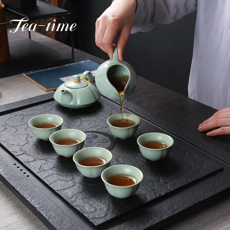 Çin Kung Fu Seyahat Çay Seti Seramik Ru Fırın Teapot Çay Fincanı Gaiwan Porselen Teaset Sumpes TeAware Setleri İçecek Çay Töreni