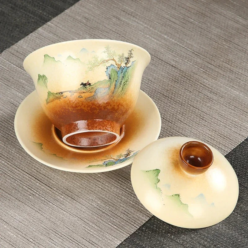 Sancai gaiwán pintado a mano Retro cerámica Juego de téware japonés Tureen Kung Fu Tazas de té tazón tazón