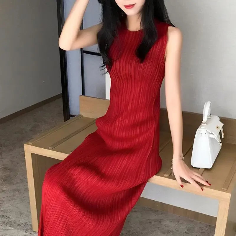 2023 Summer Women Fashion O-neck Long Dress Female Solid Color Straight Vest Dresses Ladies Sleeveless Pleated Veatidos D74