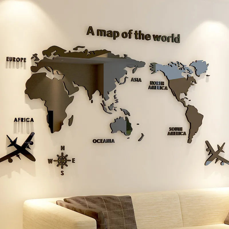 ملصقات حائط أكريليك ثلاثية الأبعاد لخريطة العالم ملصقات مرآة ثلاثية الأبعاد لغرفة النوم والمكتب وخلفية تزيين الحائط