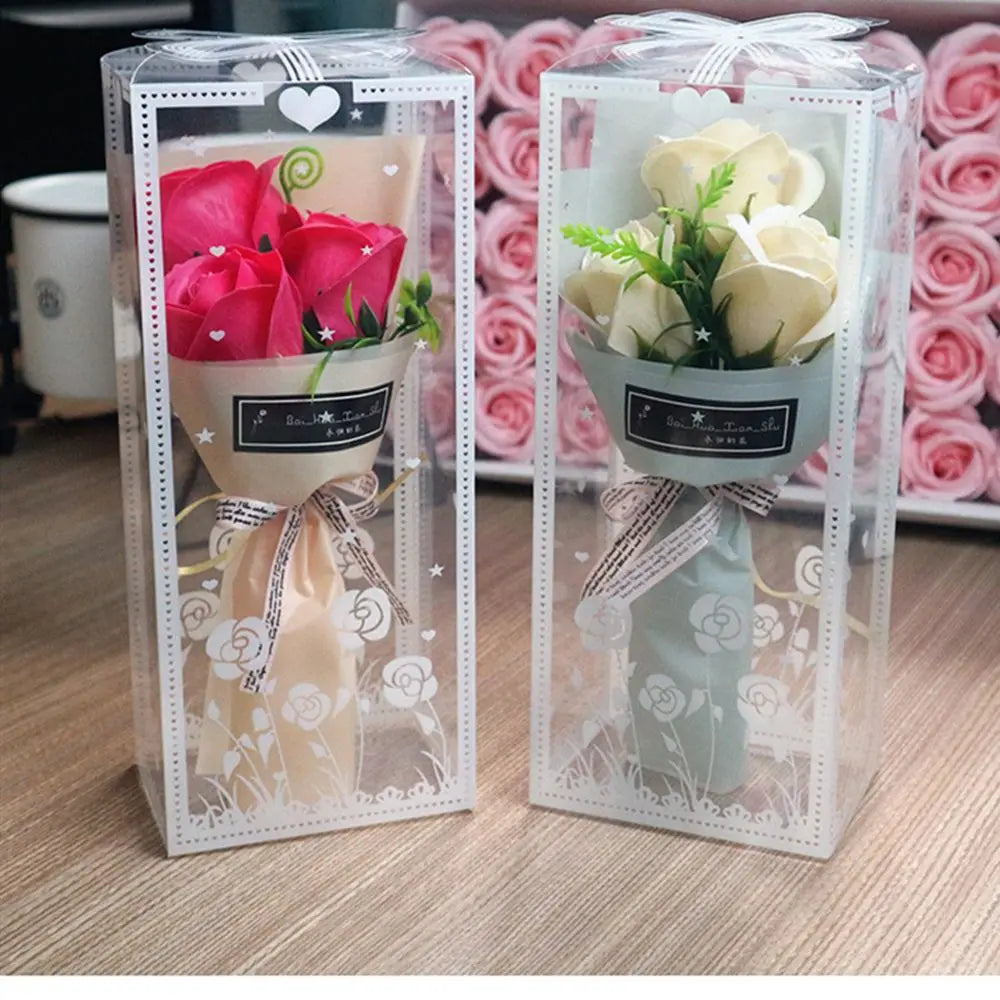 3 têtes Bouquet de rose artificiel maintient la main de savon fleur de la Saint-Valentin Cadeau de mariage Décoration des fleurs artificielles