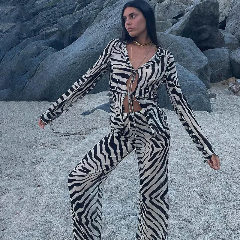 Cryptographic Animal Print Mesh Sheer Stripe Tie Front Detail Top Matching Sets Fashion Outfits 2 Piece Sets Holiday Beachwear