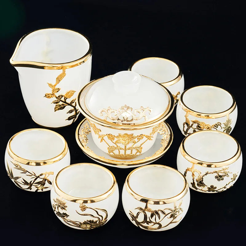 Gold Eingelegtes Jade glasiert Jade Porzellan Gaiwan Tee Tasse Chinesische Kung Fu Tee Set exquisite luxuriöse Sammler -Tee -Set Geschenke