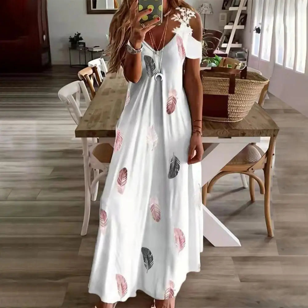 Maxi Dress For Women Feather Printed Lace Sling Ladies Loose-fitting Hollow Out A-Line Long Dress Streetwear for Party