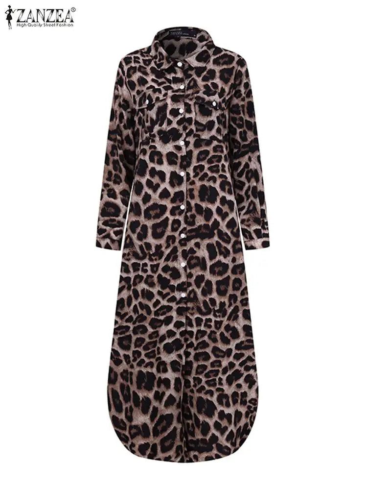 ZANZEA Party Vintage Leopard Robe 2023 Autumn Casual Long Sleeve Maxi Long Vestidos Dress Fashion Oversized Women Shirt Sundress