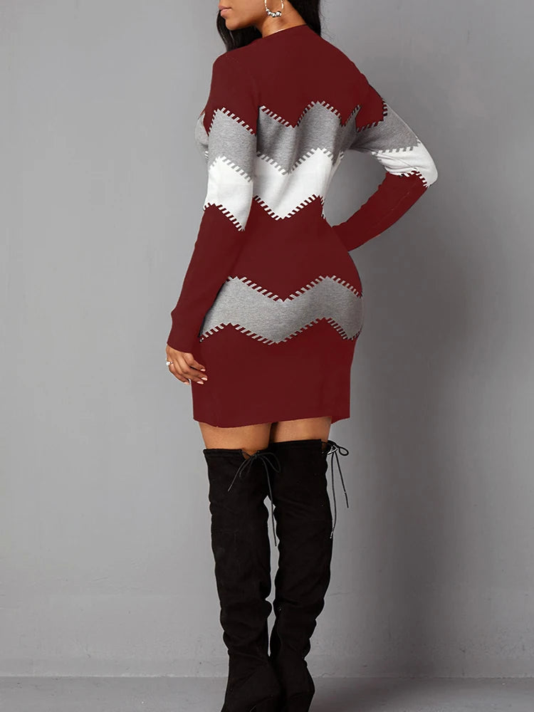 2024 Autumn Women Fashion Print Slim Knitted Dress Female Long-sleeve O-neck Elegant Bodycon Package Hips Mini Dresses 4XL