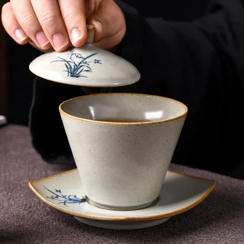 Porcelanowy gajwan z trawy i drewna, ręcznie malowana miska pojedyncza ceremonii, piec pieczony, zestaw herbaty kung fu, mały rozmiar, retro